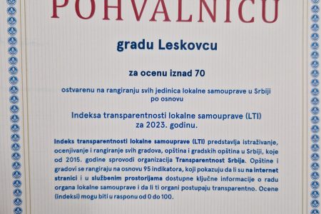 GRAD LESKOVAC DOBIO POHVALNICU OD ORGANIZACIJE TRANSPARENTNOST SRBIJA