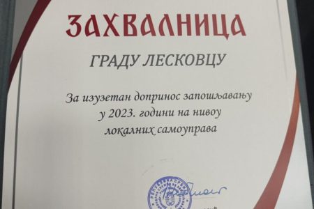 GRAD LESKOVAC OD NSZ-a DOBIO ZAHVALNICU ZA IZUZETAN DOPRINOS ZAPOŠLJAVANJU U 2023. GODINI