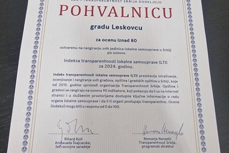 GRAD LESKOVAC MEĐU NAJBOLJIMA PO INDEKSU TRANSPARENTNOSTI LOKALNE SAMOUPRAVE